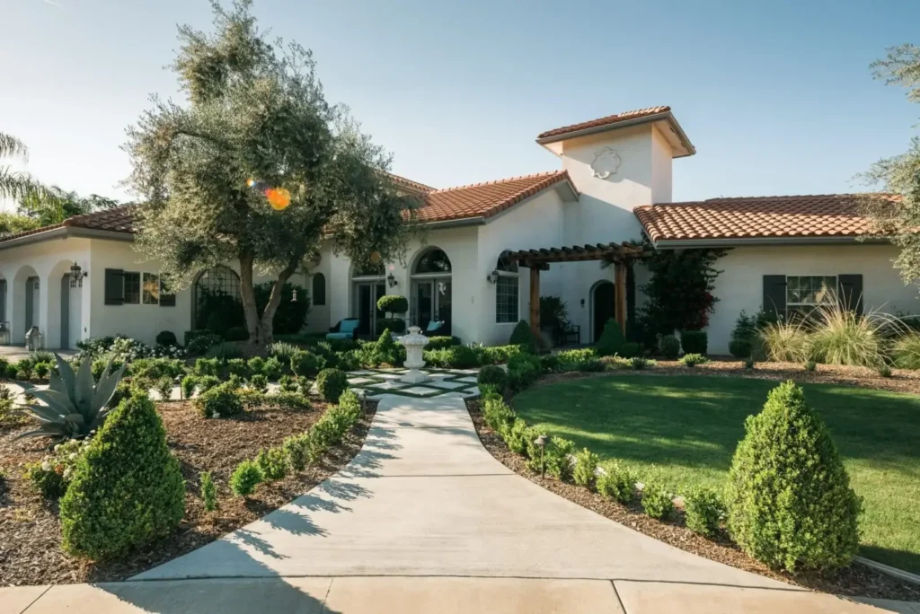 Spanish style house with landscaped garden in Charter Oak, California