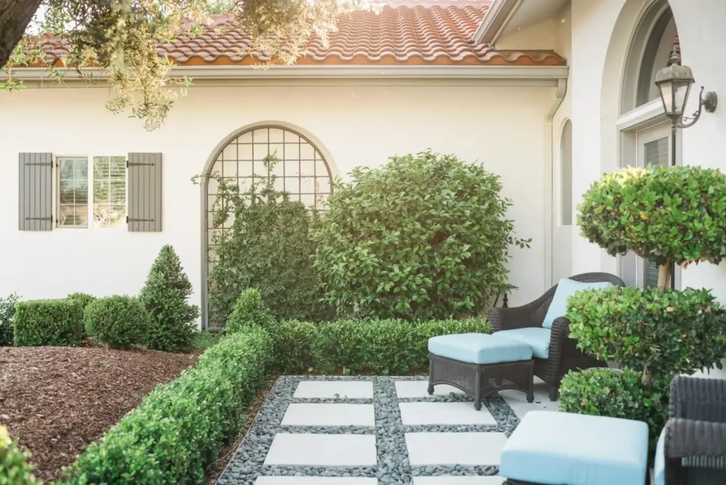 Exterior view of a California residence with landscaping